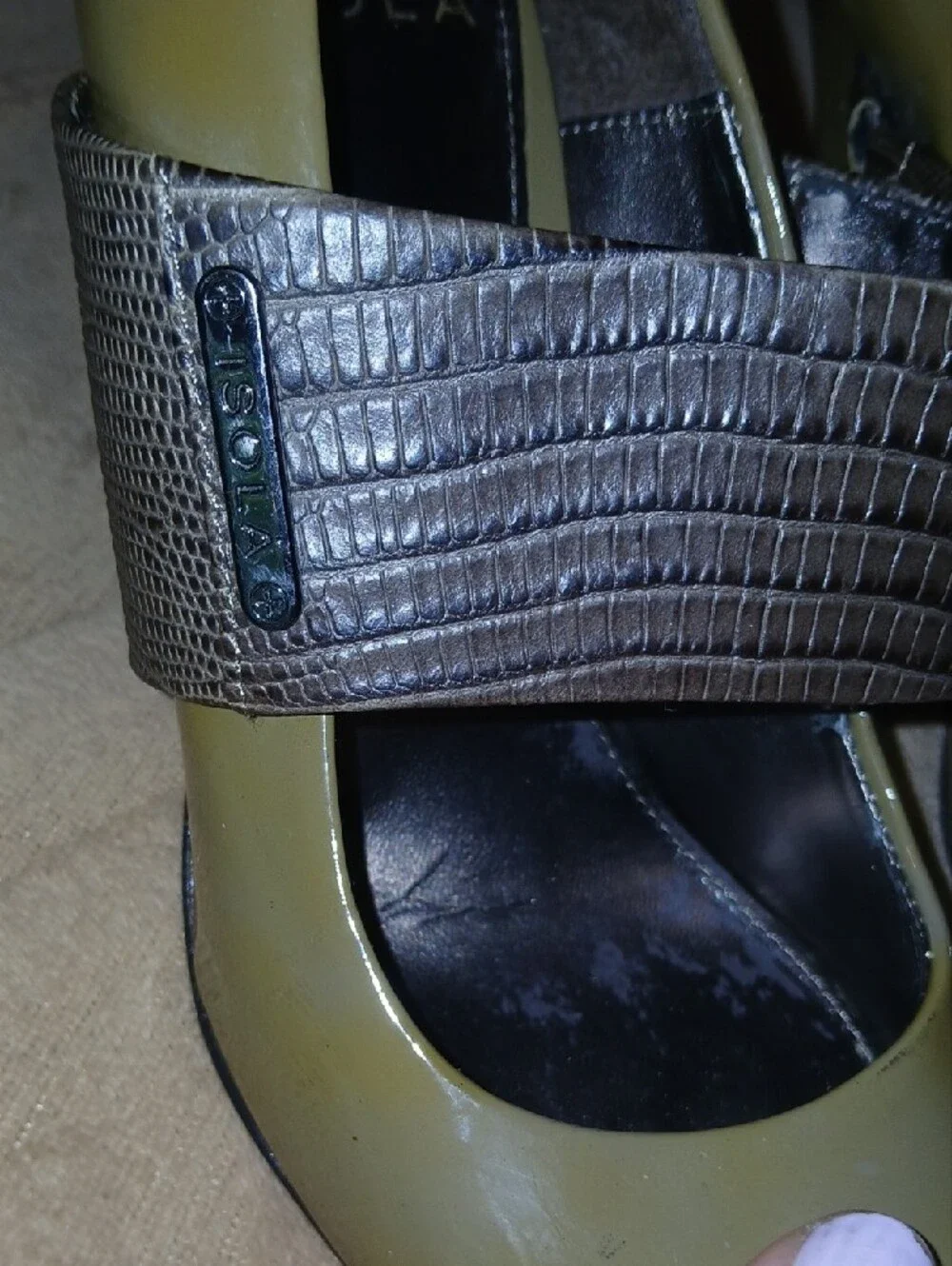 Womens Isola Olive Green Leather Pointed-Toe Heels with Croc Strap  Sz: 7